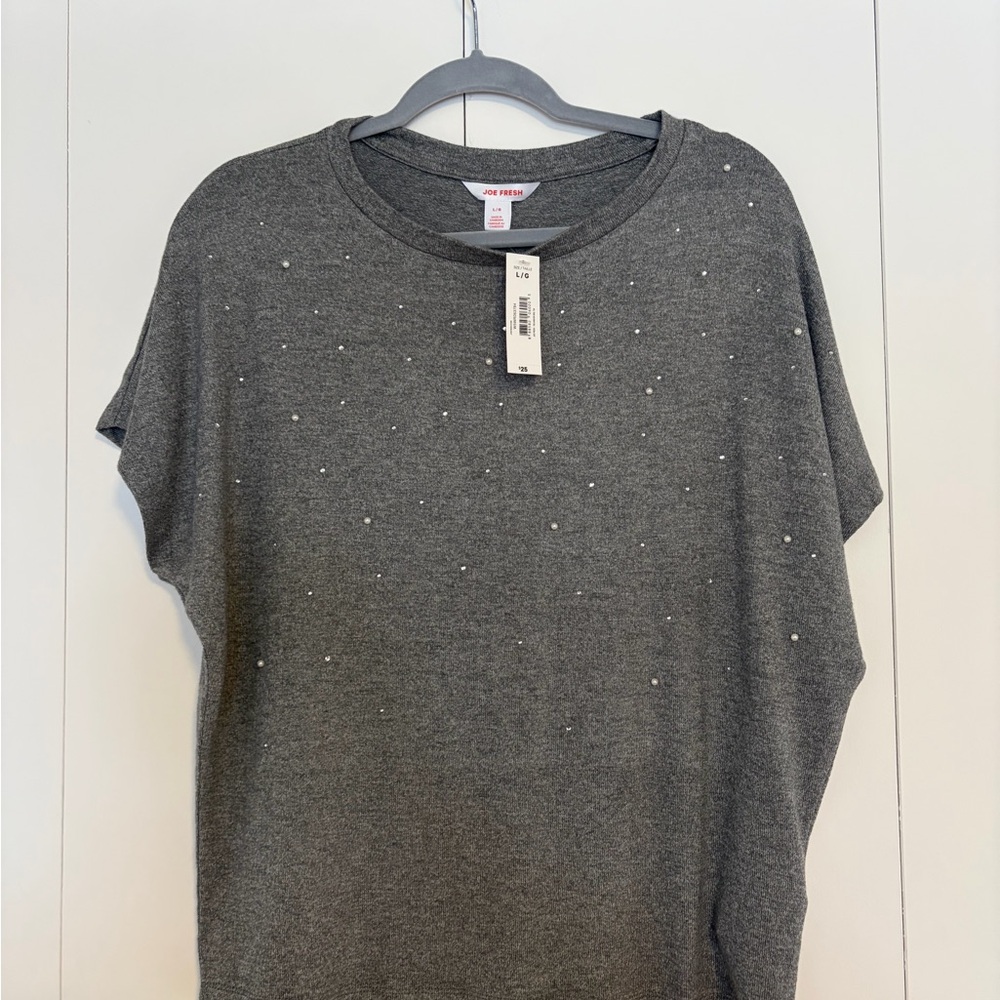 Joe Fresh Gray Pearl/Rhinestone-Accent Knit Tee